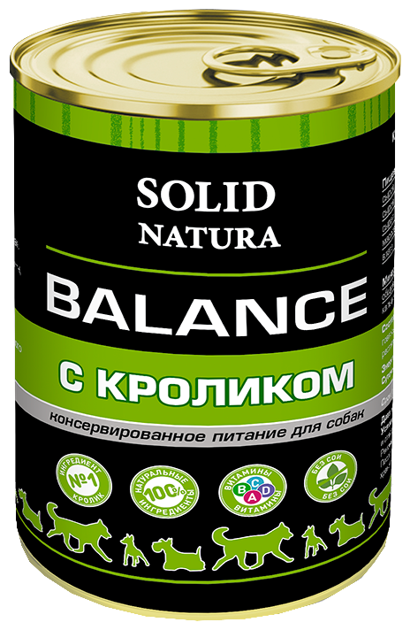 Solid Natura Balance влажный консервированный корм для взрослых собак, с кроликом, 340г., 6 шт.