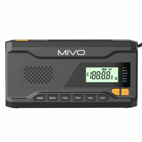 fm радио приемник mivo mr 002 черный Радиоприемник с солнечной панелью, power bank, динамо-машина, фонарь, Mivo MR-001, черный