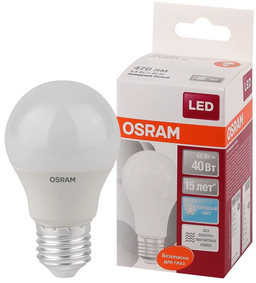 Лампочка светодиодная OSRAM LED Star, 470лм, 5Вт, 4000К, нейтральный белый свет, E27, 1 шт
