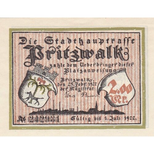 Германия (Веймарская Республика) Прицвальк 2 марки 1922 г. (№1) германия веймарская республика вайнхайм 2 марки 1922 г