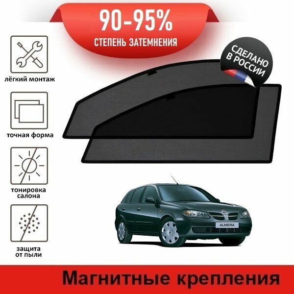 Каркасные шторки LATONIK PREMIUM на Nissan Almera 2 (N16) (2000-2006) хэтчбек 5d на передние двери на магнитах с затемнением 90-95%