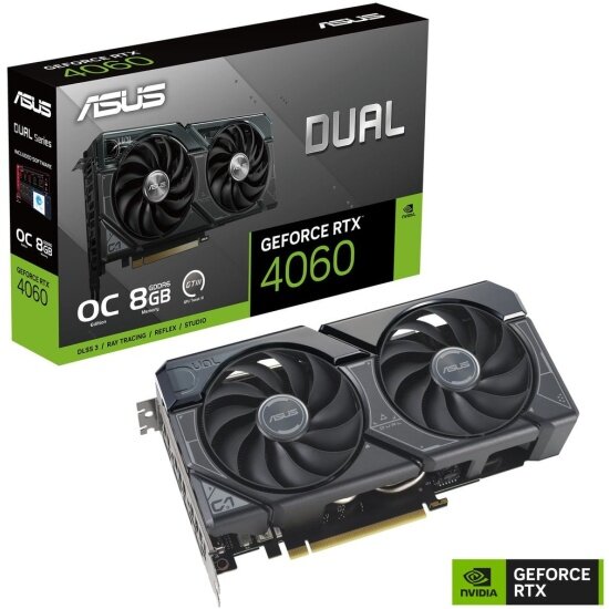 Видеокарта ASUS PCI-E nVidia GeForce RTX 4060 DUAL OC 8Gb WHITE (128bit/GDDR6/HDMIx2/DPx2/RTL) (90YV0JC2-M0NA00)