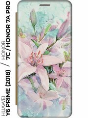 Чехол-книжка Нежные розовые цветы на Honor 7C / 7A Pro / Huawei Y6 Prime (2018) / Хуавей У6 Прайм 2018 / Хонор 7А Про / 7С золотой