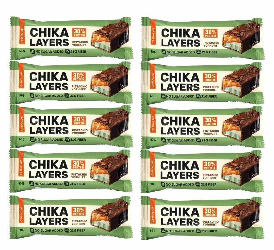 Протеиновый батончик в шоколаде Chikalab Chika Layers 5ти слойный Без сахара Фисташковый йогурт, 60 гр (10 шт)