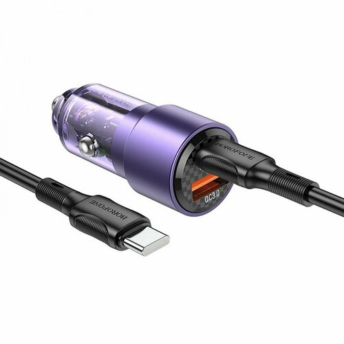 Автомобильное зарядное устройство USB QC3.0/Type-C PD 65W Черный (Кабель Type-C- Type-C в комплекте), фиолетовый сетевое зарядное устройство gan usams sandru series 65w usb a и usb c x2 с поддержкой быстрой зарядки pd и qc цвет черный