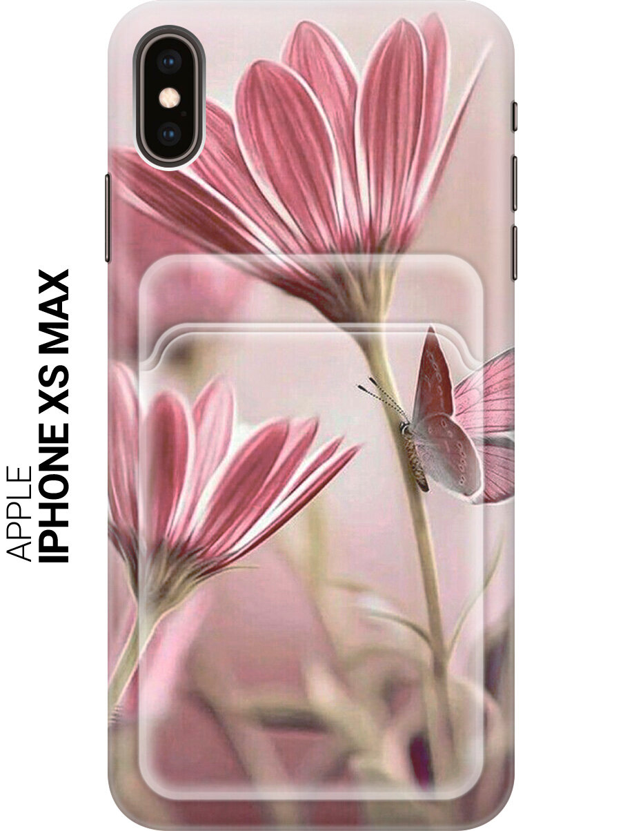 Силиконовый чехол на Apple iPhone XS Max / Эпл Айфон Икс Эс Макс с рисунком "Бабочка на розовом цветке" с карманом