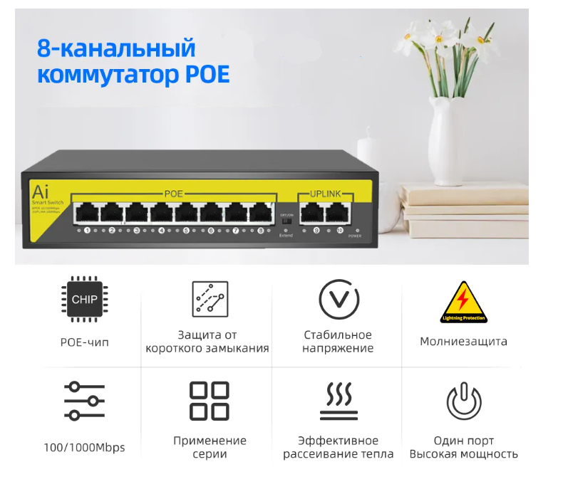 Коммутатор SW-POE-8 портов для системы видеонаблюдения, совместим с камерами 8MP 5MP 4MP 3MP 2MP