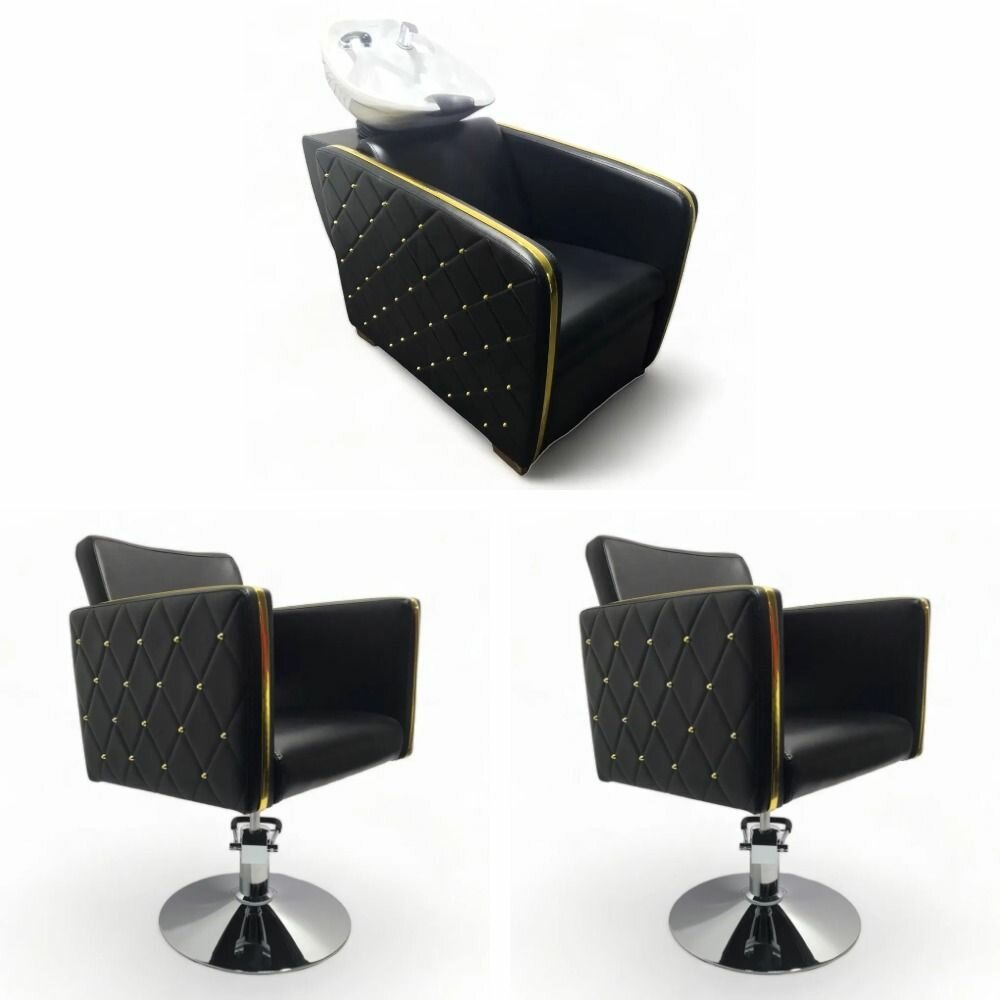 Парикмахерское кресло "Голдиум", Черный, Гидравлика диск, 2 кресла, 1 мойка глубокая белая раковина