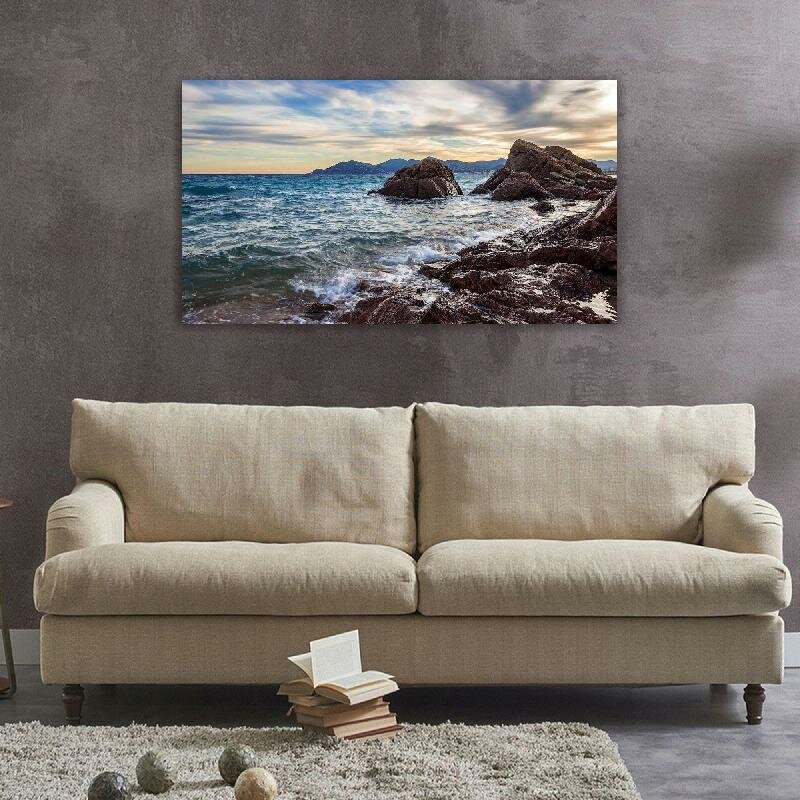 Картина на холсте 60x110 LinxOne "Море берег пляж скалы" интерьерная для дома / на стену / на кухню / с подрамником
