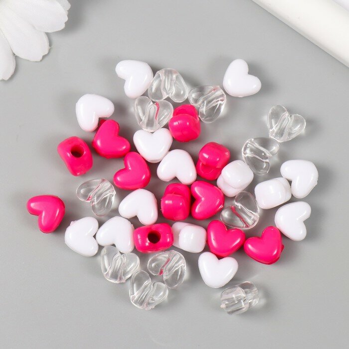 Арт Узор Бусины пластик "Сердце. Ярко-розовый, белый, прозрачный" набор 20 гр 1,2х0,9х0,8 см