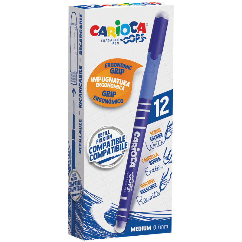 Ручка гелевая стираемая 12 шт Carioca "OOPS", синяя, грип, 0,7мм