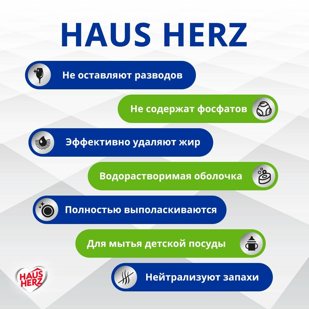 Таблетки для посудомоечной машины HausHerz "All in 1", бесфосфатные, в водорастворимой оболочке,100 шт — фото 1