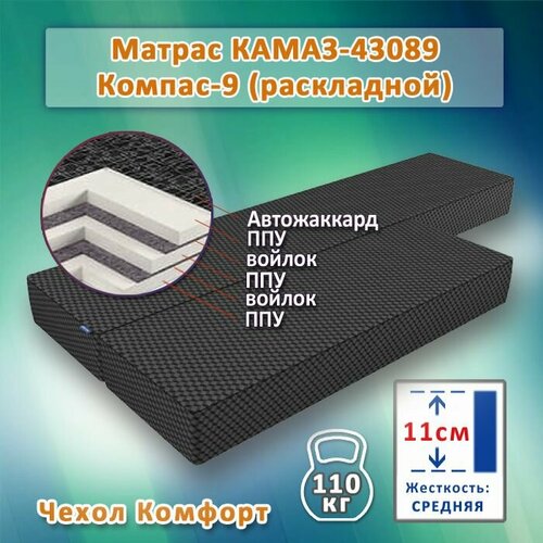 Матрас КАМАЗ-43089 Компас-9 (раскладной) - 11 см, беспружинный, замена штатного матраса КАМАЗ Компас-9, 172x79 см