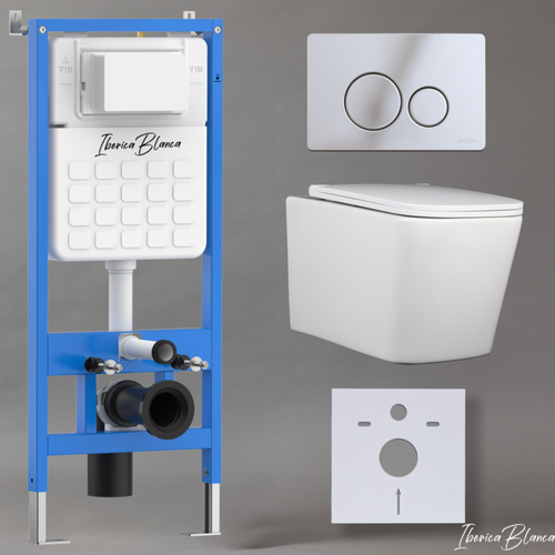 Iberica Blanca Комплект 3 в 1 инсталляция, унитаз безободковый белый TOLEDO ALTO (IB. TLA.231.1B1), клавиша смыва хром глянцевый, нержавеющая сталь INOX-O (IB. B081.003.001), IBERICA BLANCA