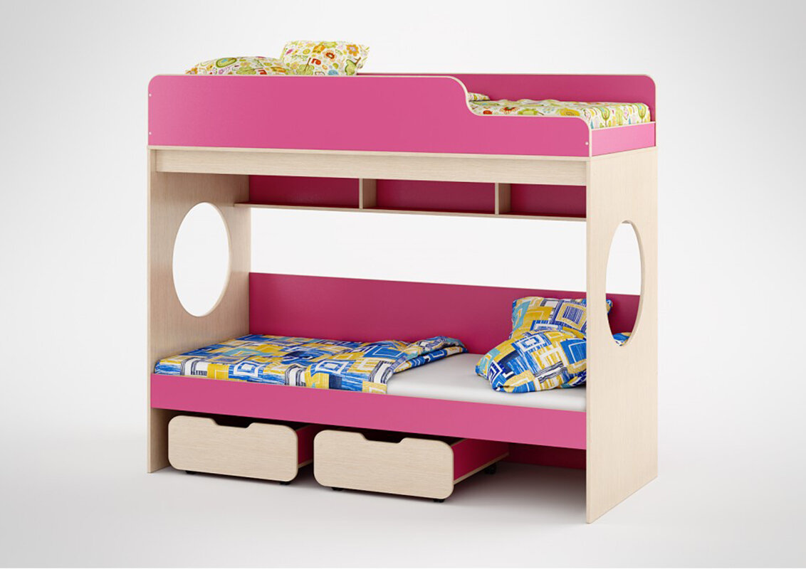 Двухъярусная кровать Л-7 Дуб молочный - Розовый