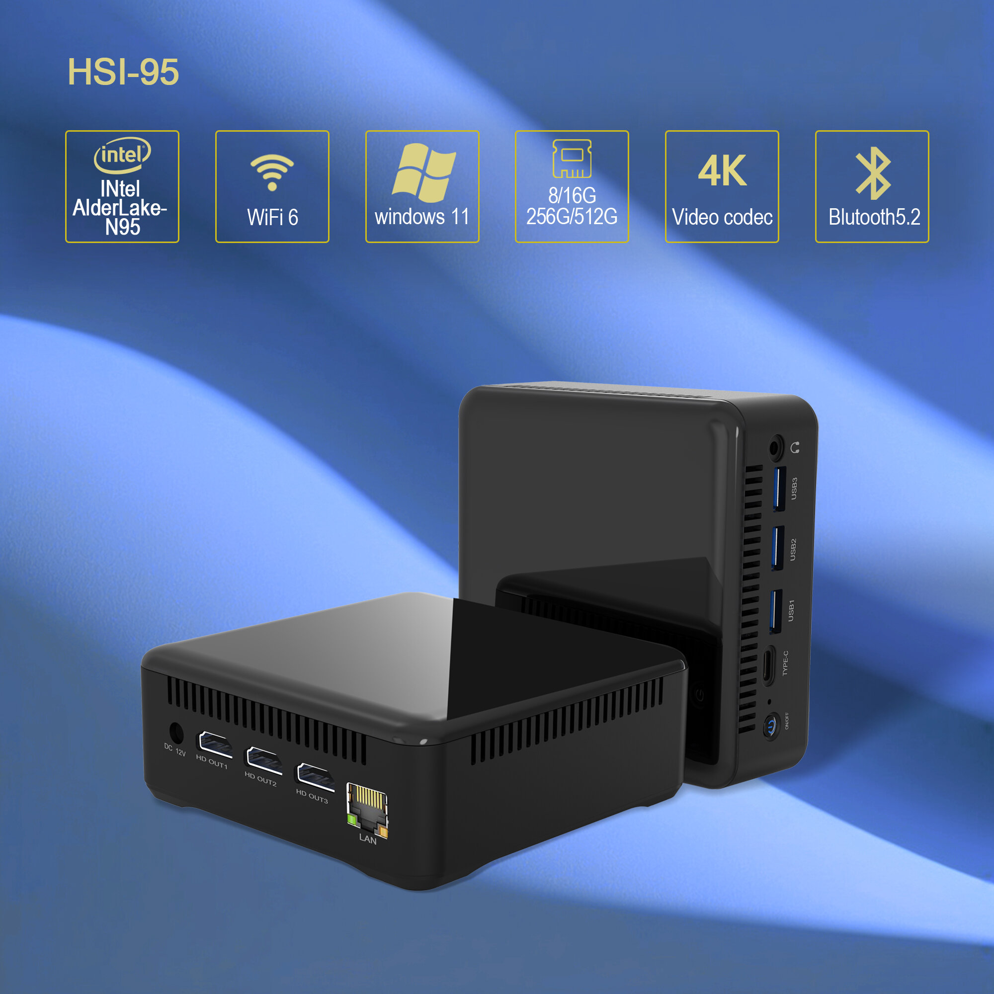 Мини ПК HSI-N95 Windows 11 Pro (Intel N95 DDR4 16Гб SSD M2 512 Гб Wifi 2.4/5/6Ггц/ BT5.2)