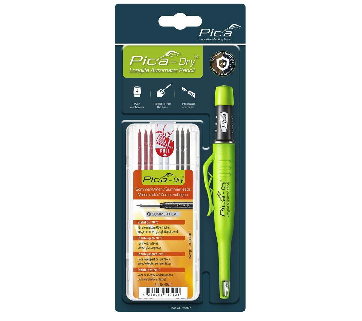 Набор карандаша Pica-dry 3030 и грифелей 4070 (3 графитовых, 3 красных, 2 белых) PICA-MARKER 30407
