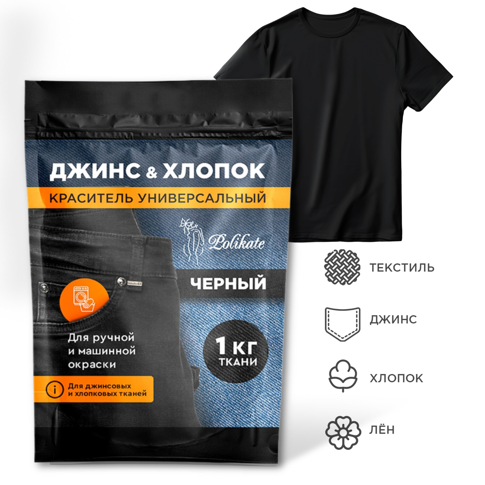Краска для ткани и одежды, черная, 20 г / Polikate / краситель для ткани