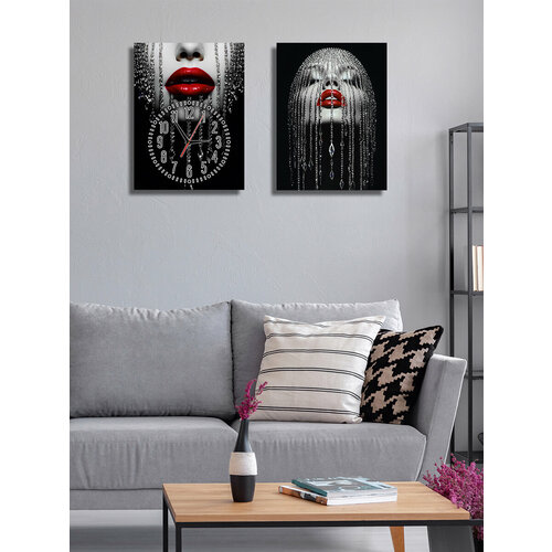 Картины - часы настенные на холсте LOFTime 2 шт Девушка стразы