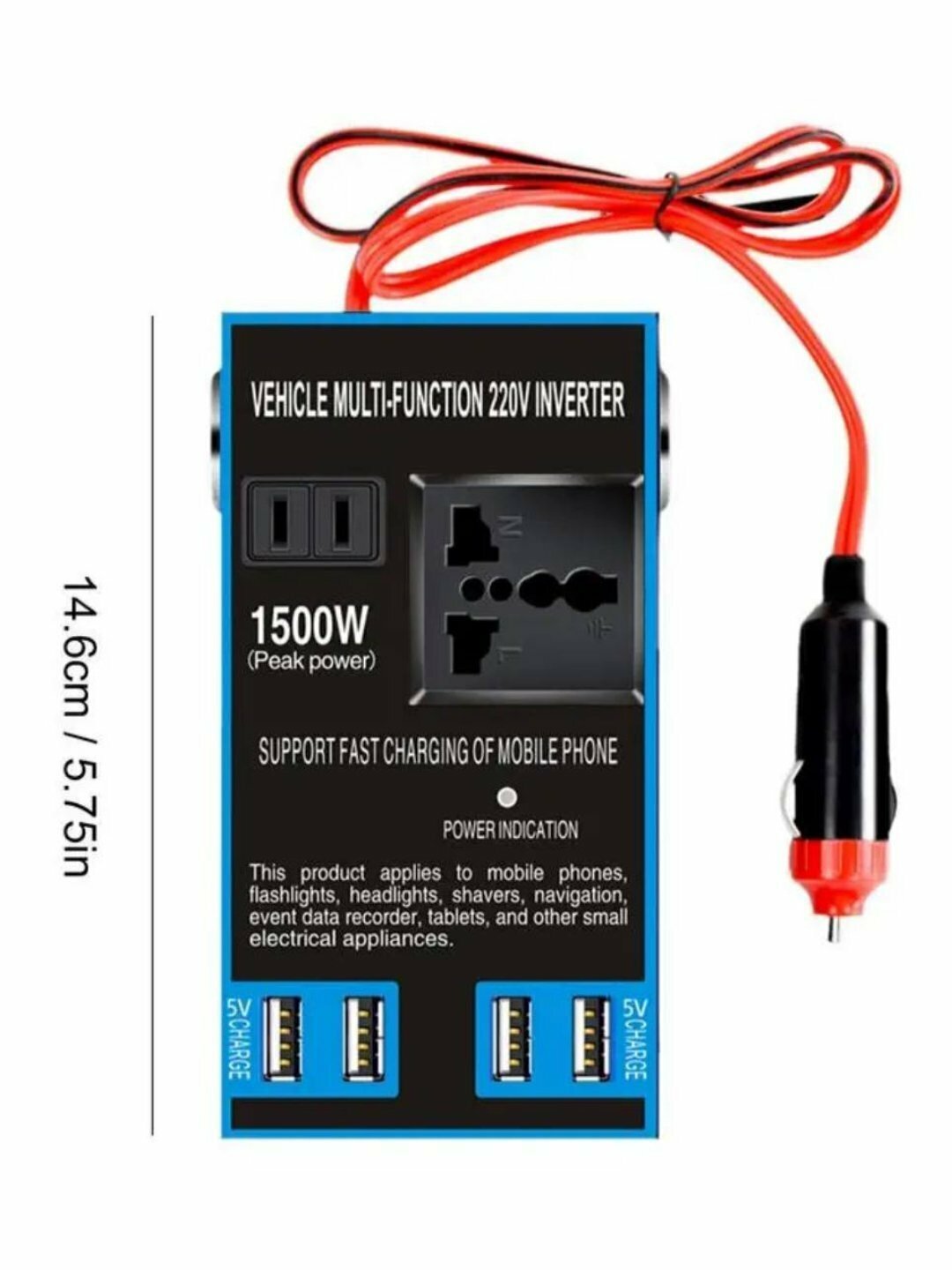 Автомобильный инвертор, розетка с 4 USB-портами преобразователь 12 В/24 В в 220 В, 1500 Вт Черный — фото 1
