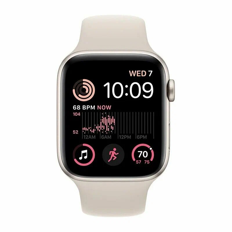 Умные часы Apple Watch SE, GPS, мониторинг здоровья, золотистый корпус, бежевый ремешок — фото 1