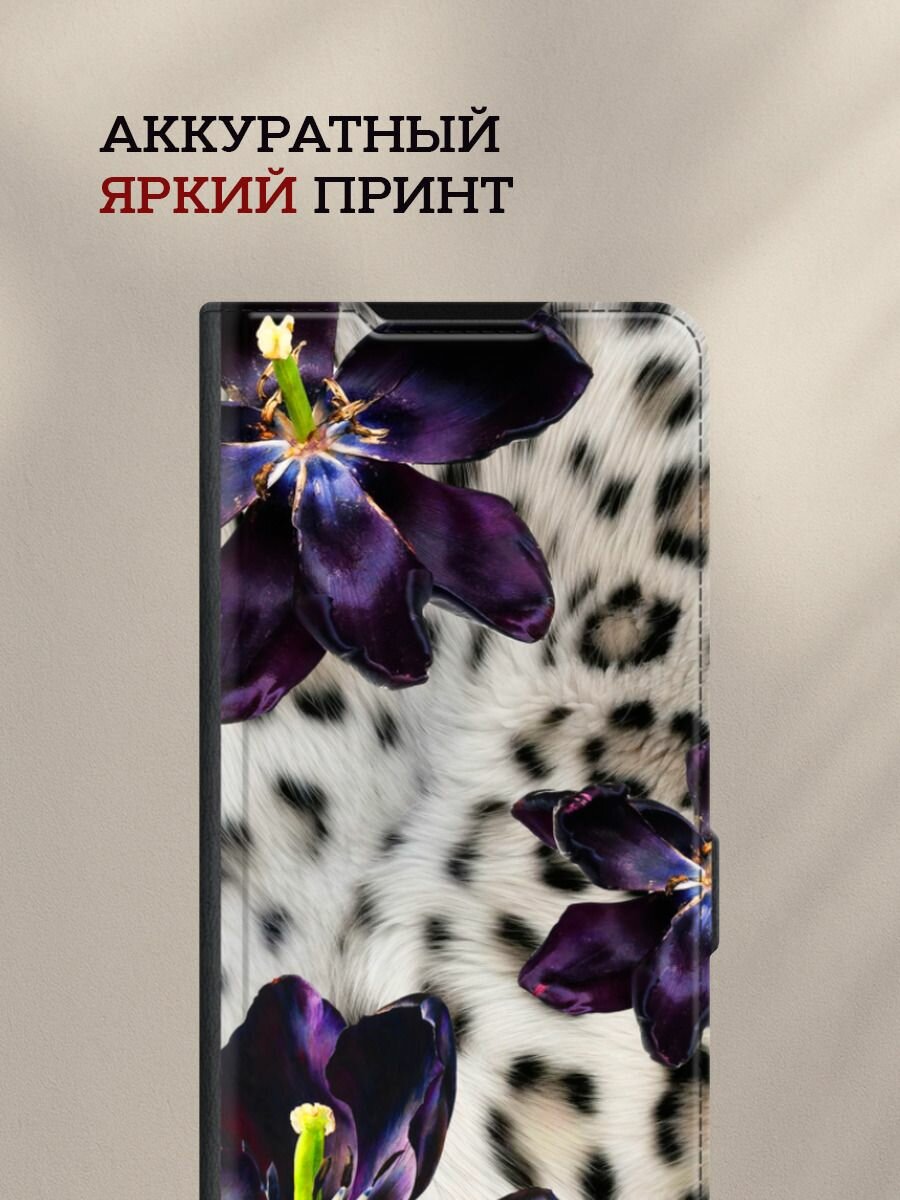 Чехол-книжка на Honor 90 Lite / Хонор 90 Лайт с принтом Темные лилии на леопардовом, черный — фото 1