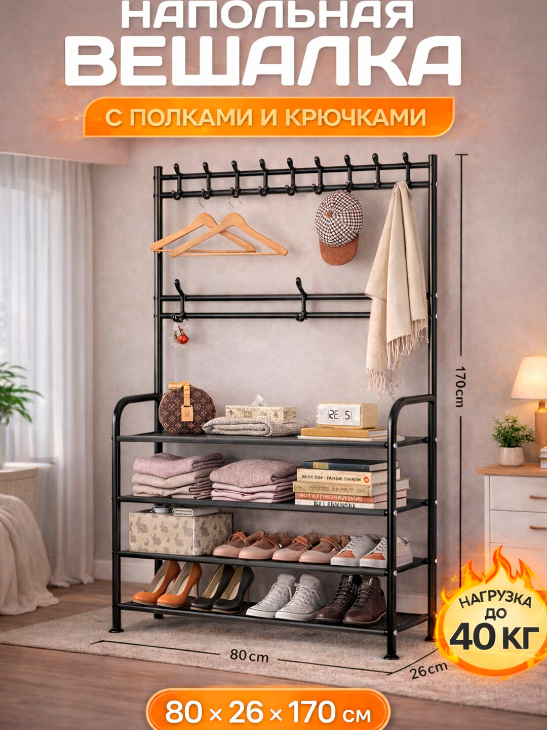 Напольная вешалка для одежды с полками и крючками, металлическая стойка, 80×26×170 см, нагрузка до 40 кг