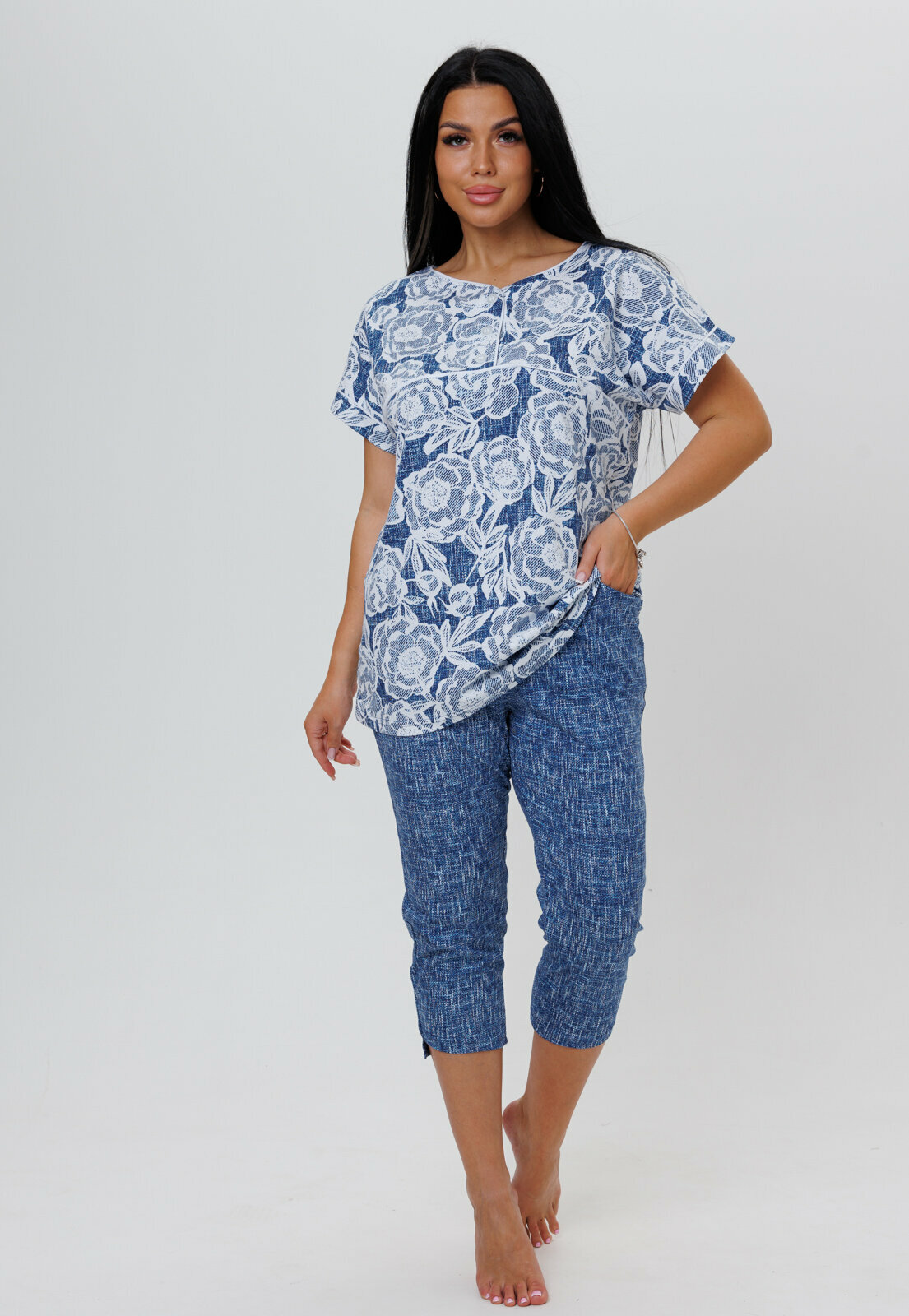 Комплект Modellini, футболка, бриджи, короткий рукав, размер 58, синий - фотография № 1