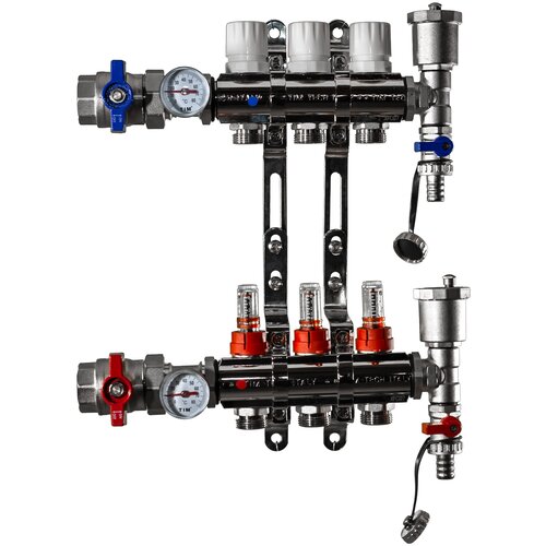 фото Коллекторная группа tim (ka003) 1", 3 вых., расходомер, воздухоотводчик, сливной кран, термометр
