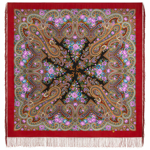 Платок Павловопосадская платочная мануфактура, 146х146 см, красный, фиолетовый