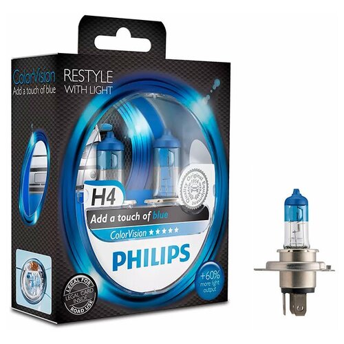 фото Лампа галогенная philips colorvision blue +60% h4 12v 60/55w p43t-38, 2 шт. (бокс)