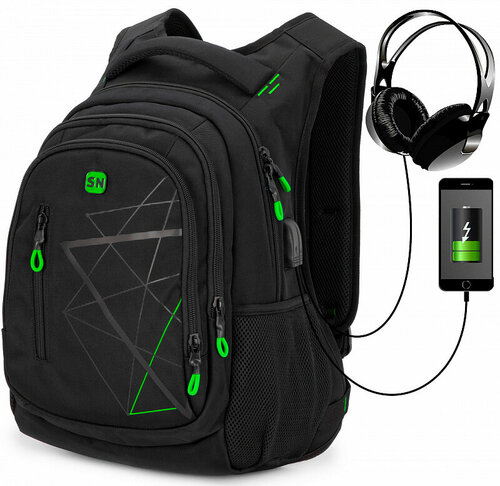 Школьный рюкзак для мальчиков подростков Skyname 90-139 черно-зеленый с анатомической спинкой USB выход черный