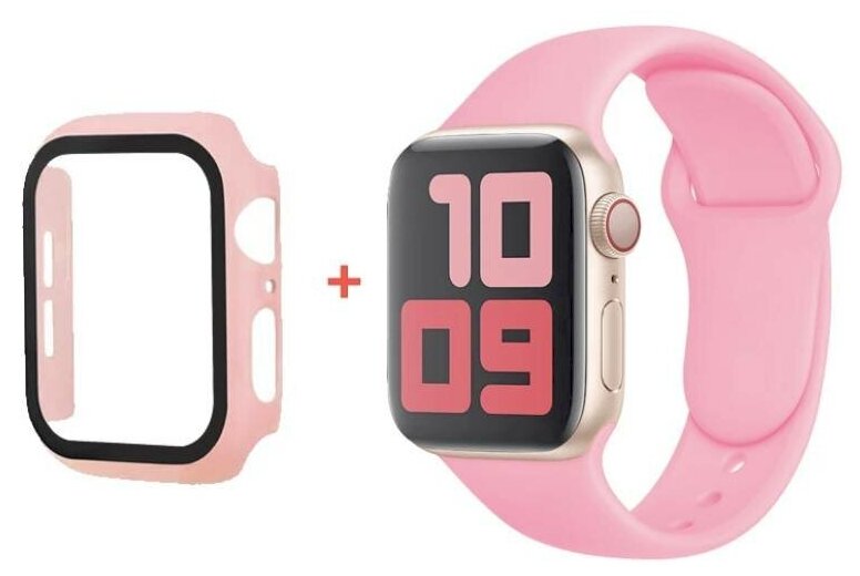 Чехол для Apple Watch 40mm со стеклом + силиконовый ремешок розовый