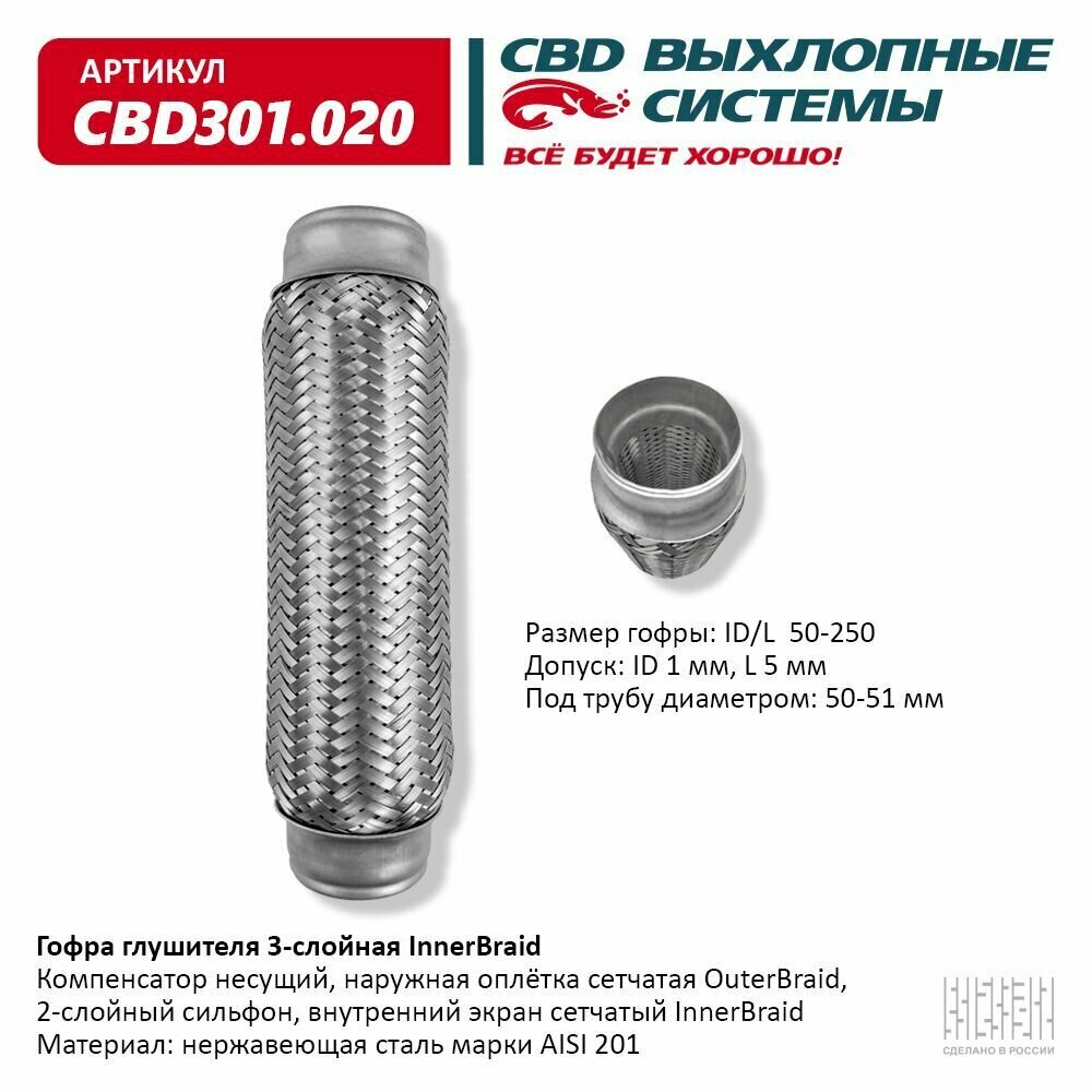 Гофра глушителя 50 x 250 3х-слойная Innerbraid CBD301020