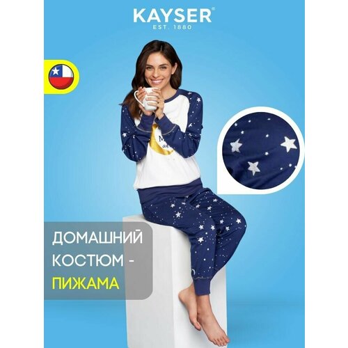 Пижама Kayser, брюки, лонгслив, длинный рукав, трикотажная, карманы, пояс на резинке, размер M, мультиколор