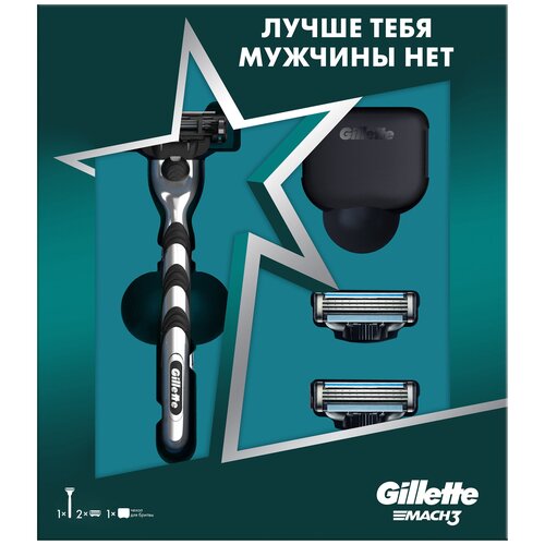 Набор Gillette бритвенный станок Mach3, сменные кассеты, чехол для бритвы, синий