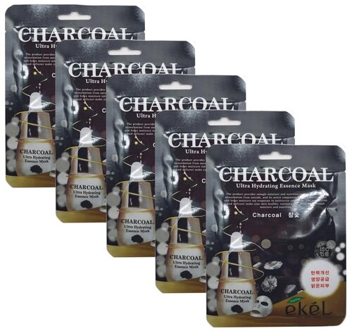 Ekel Маска тканевая с экстрактом древесного угля Charcoal Ultra Hydrating Essence Pack, 150 г, 5 шт. по 25 мл