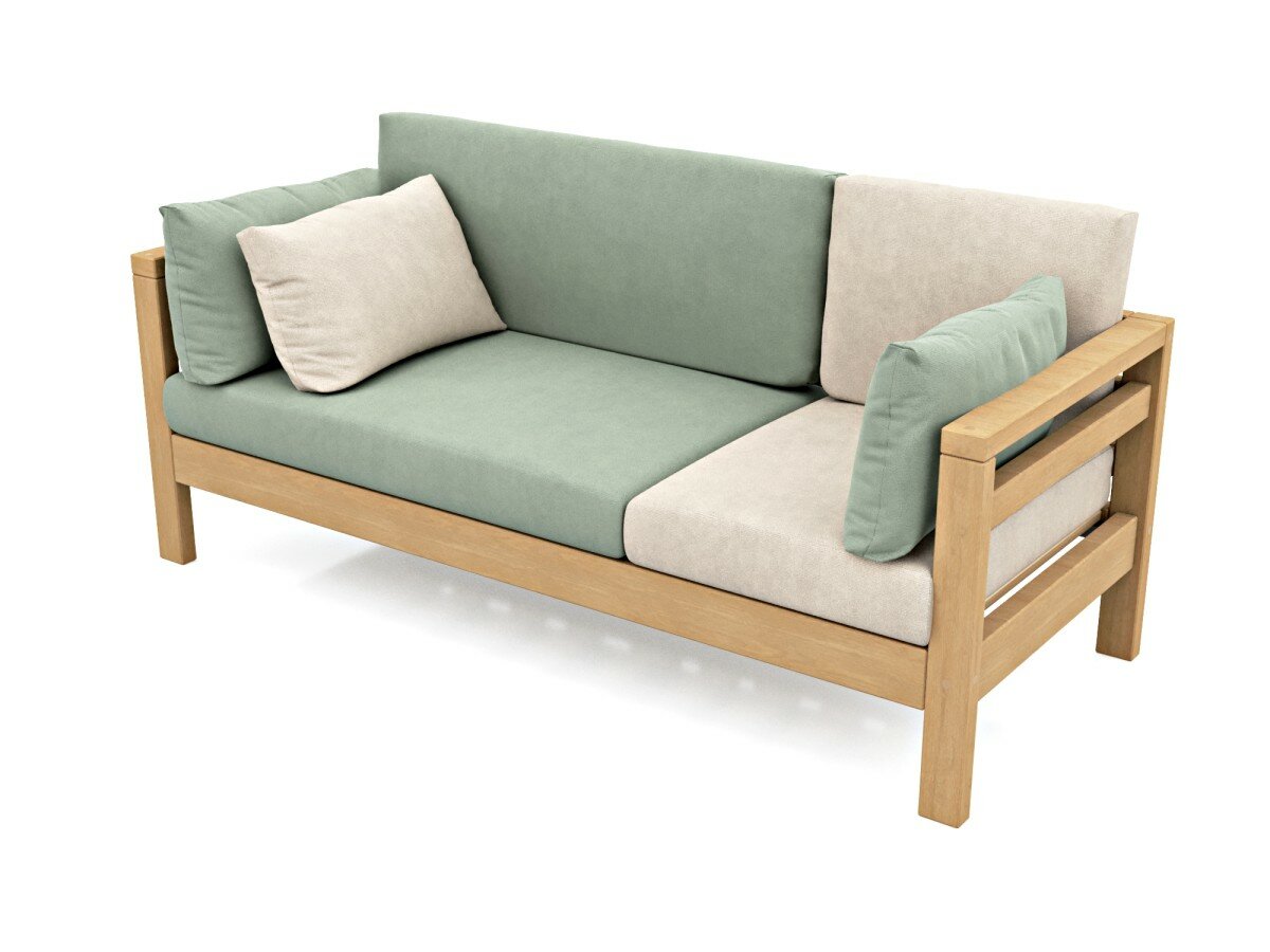 Садовый диван кушетка Soft Element Бонни трехместный, голубой, массив дерева, велюр, с подушками, на террасу, на веранду, для дачи, для бани