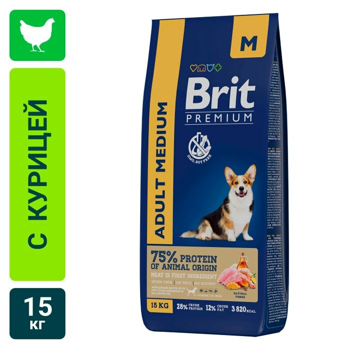 Сухой корм для собак Brit Premium Dog Adult Medium с курицей 15кг