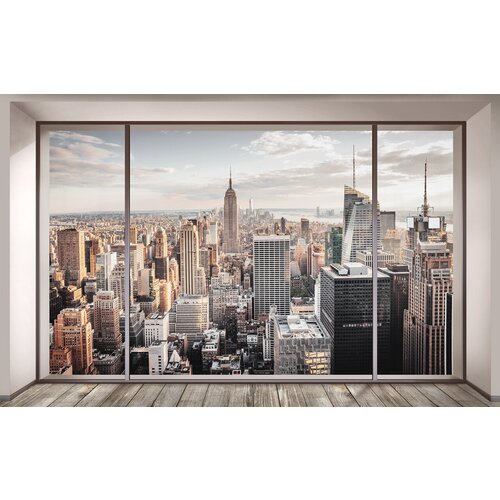Моющиеся виниловые фотообои GrandPiK Нью-Йорк сквозь панорамное окно, 400х250 см