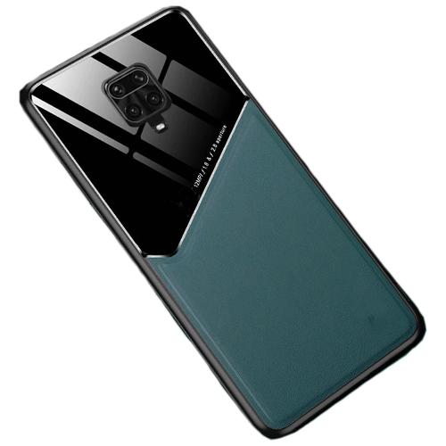 фото Чехол-накладка mypads для xiaomi redmi note 9s / redmi note 9 pro / pro max обтянутый качественной импортной кожей двухцветный дизайнерская разработка с закаленным стеклом мужской женский черно-зеленый