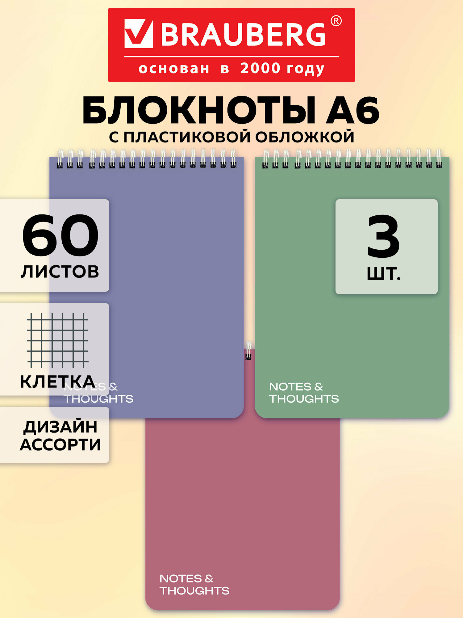 Блокнот для записей А6, тетрадь в клетку 60 листов, записная книжка, пластиковая обложка, 3 шт, Brauberg, 118627