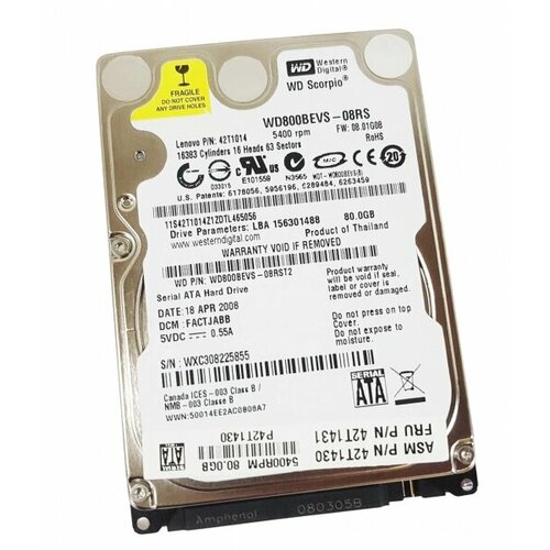 Жесткий диск Western Digital WD800BEVS 80Gb 5400 SATA 25 HDD 270500₽