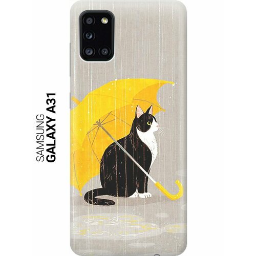 ультратонкий силиконовый чехол накладка для samsung galaxy a02 с принтом кот с желтым зонтом Ультратонкий силиконовый чехол-накладка для Samsung Galaxy A31 с принтом Кот с желтым зонтом