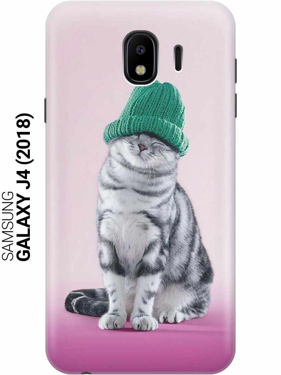 GOSSO Ультратонкий силиконовый чехол-накладка для Samsung Galaxy J4 (2018) с принтом "Кот в зеленой шапке"