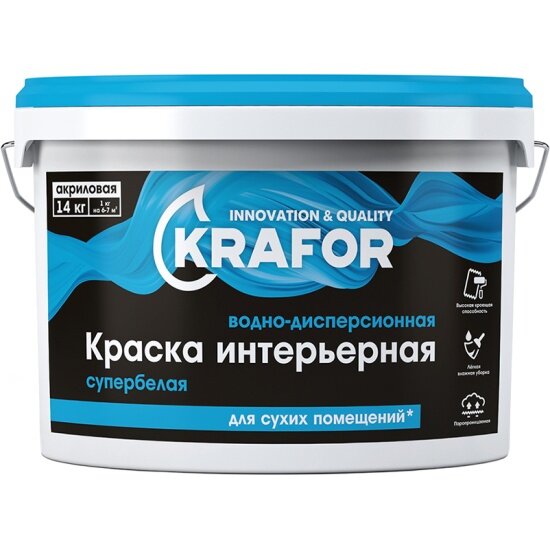 Краска водно-дисперсионная интерьерная Krafor , матовая, 40 кг, супербелая
