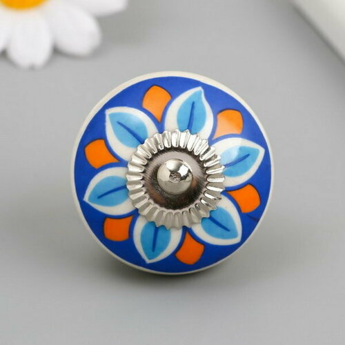 Ручка для шкатулки керамика, металл Цветок сине-оранжевый 4.1х4.1х6 см