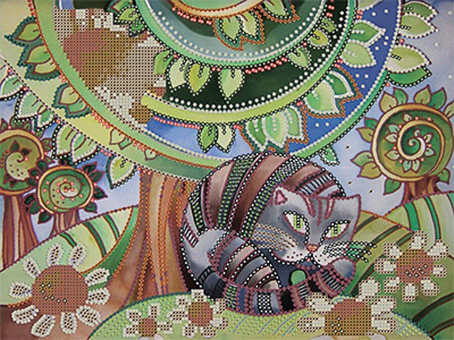 Канва/ткань с рисунком Gamma Основа с рисунком 39 см для вышивания бисером х 30 см OBB-0103 "Кот и ромашки"