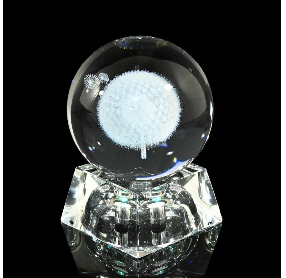 фото Шар ночник с 3D гравировкой стеклянный "Одуванчик" на подставке с подсветкой, диаметр 59мм