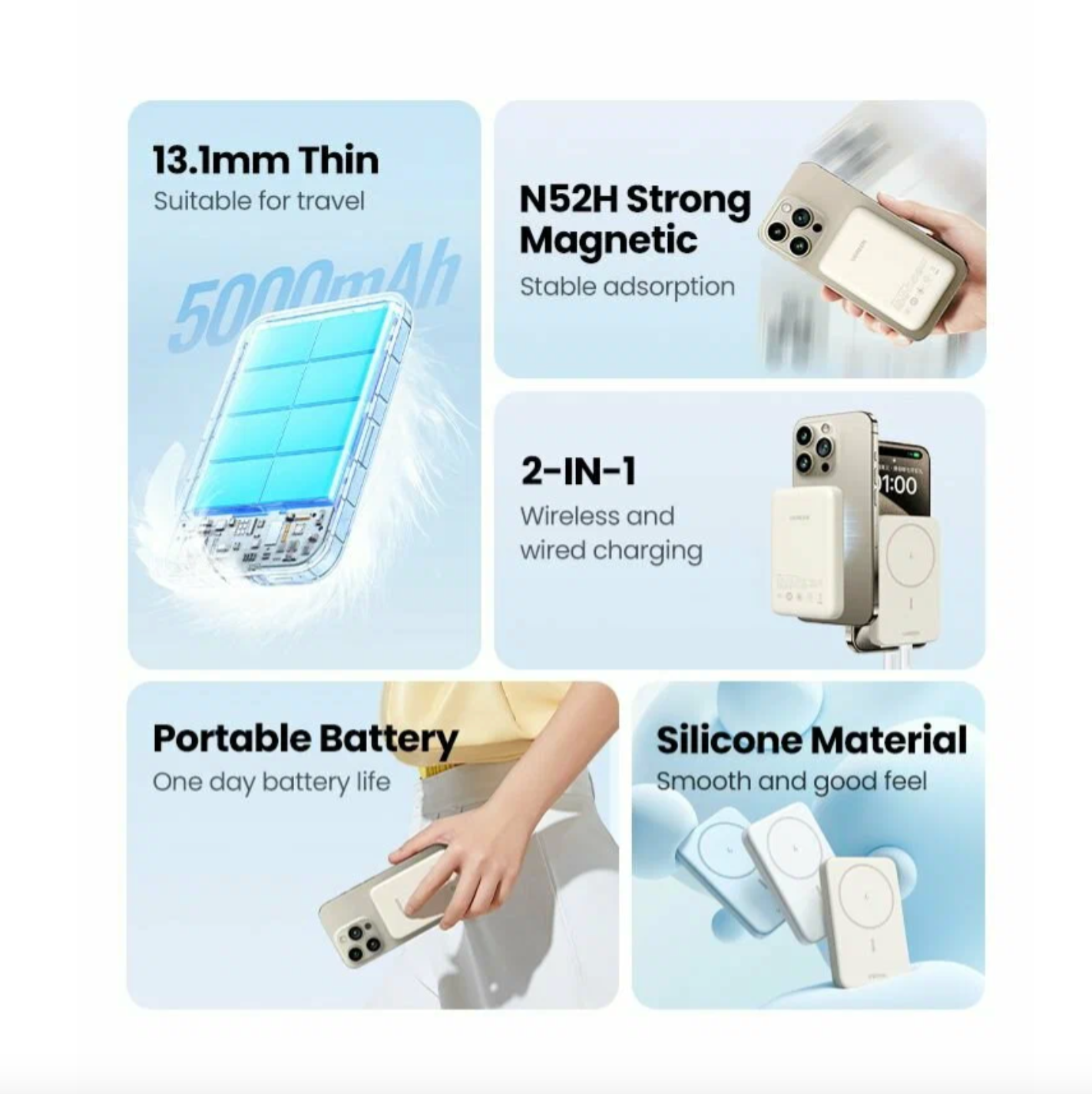 Внешний аккумулятор магнитный UGREEN PB560 (25207) 5000mAh Magnetic Wireless Power Bank. Цвет: белый — фото 1